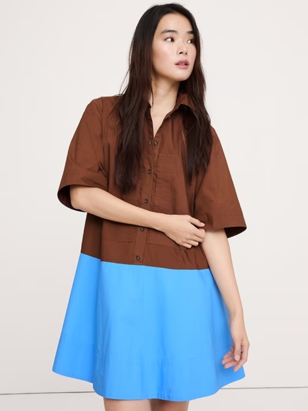 Banana Republic Cotton Trapeze Colorblock Brown Blue Mini Shirtdress XL